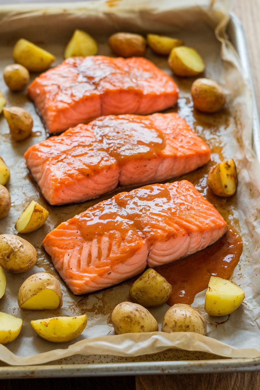 An indoor dining table with a parchment-lined sheet pan holding cooked salmon fillets glazed in a glossy maple-Dijon sauce, surrounded by roasted baby potatoes; no text or logos. Photo.</Prompt