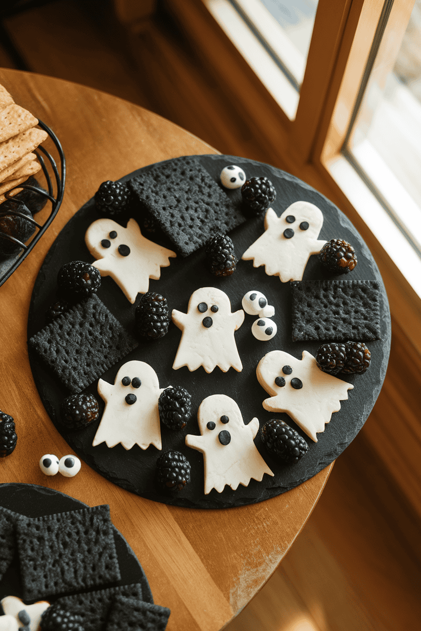 A warmly lit indoor table displaying a round slate board topped with brie slices cut into ghost shapes, fresh blackberries, charcoal crackers, and a few candy eyeballs for decoration. Overhead photo, no text or logos anywhere.