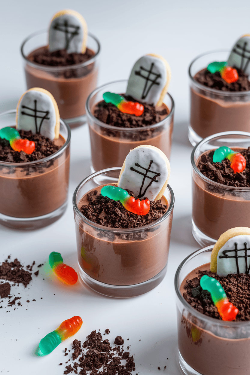 Indoor photo of small glasses of chocolate pudding topped with crushed cookies “dirt,” gummy worms, and cookie tombstones. Bright overhead lighting, no text or logos.