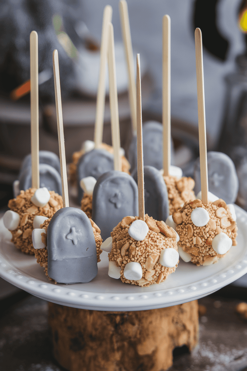 Rocky road cake pops studded with mini marshmallows and nuts, half-dipped in gray candy melts shaped like tombstones, indoor shot; no logos or text. Photo.