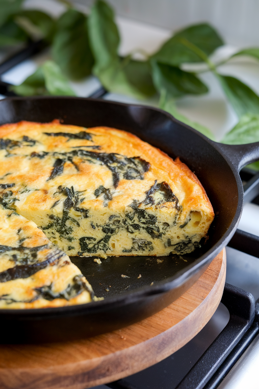 Indoor skillet on a stovetop containing a slice of tender spinach-potato frittata, edges barely golden. No text or logos; photo only.