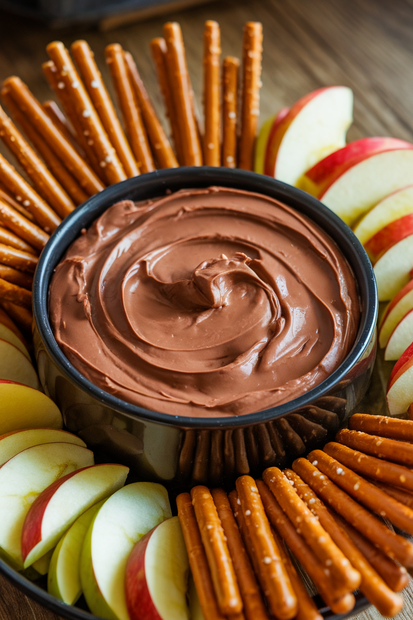 A black ceramic bowl indoors brimming with creamy Nutella cheesecake dip, surrounded by pretzel rods and apple slices. Photo only, no text or logos.