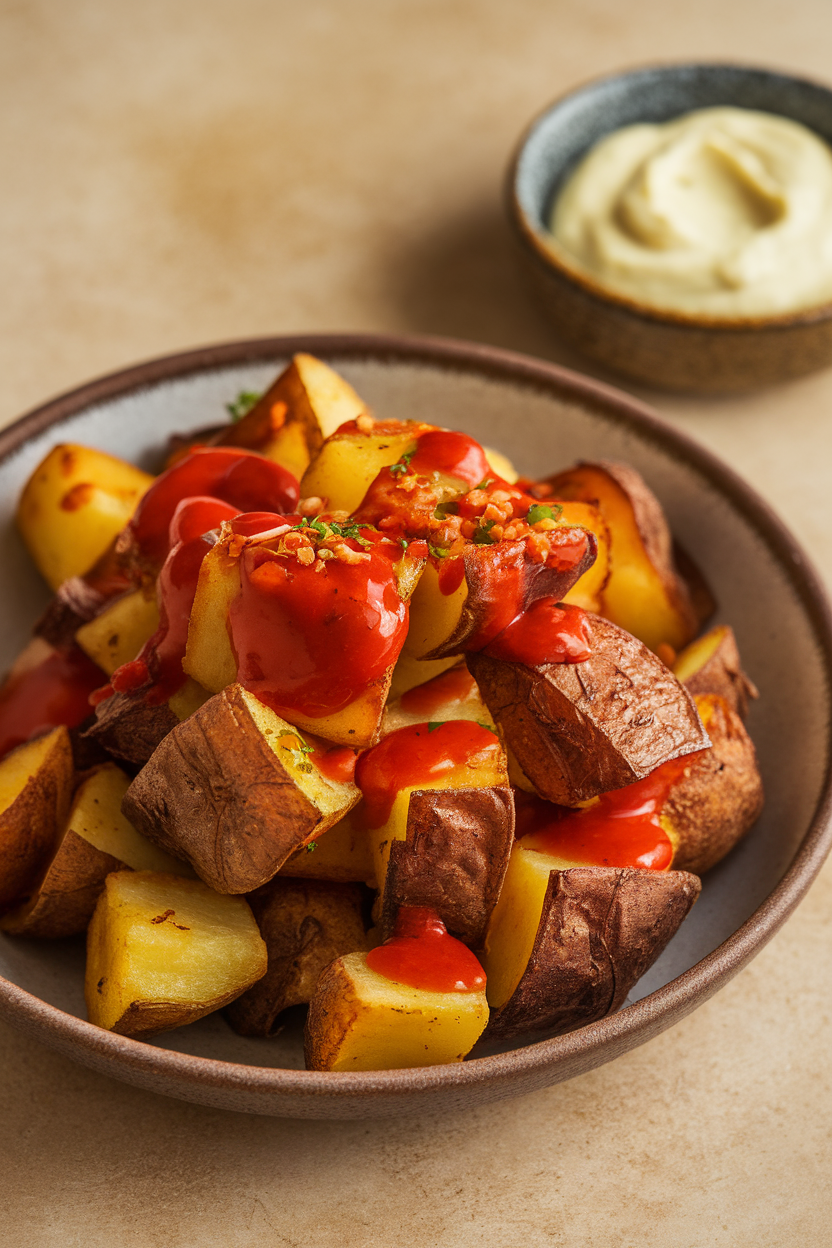 Photo of crispy roasted potato cubes piled in a bowl indoors, drizzled with red bravas sauce and a side of aioli; no text or logos.