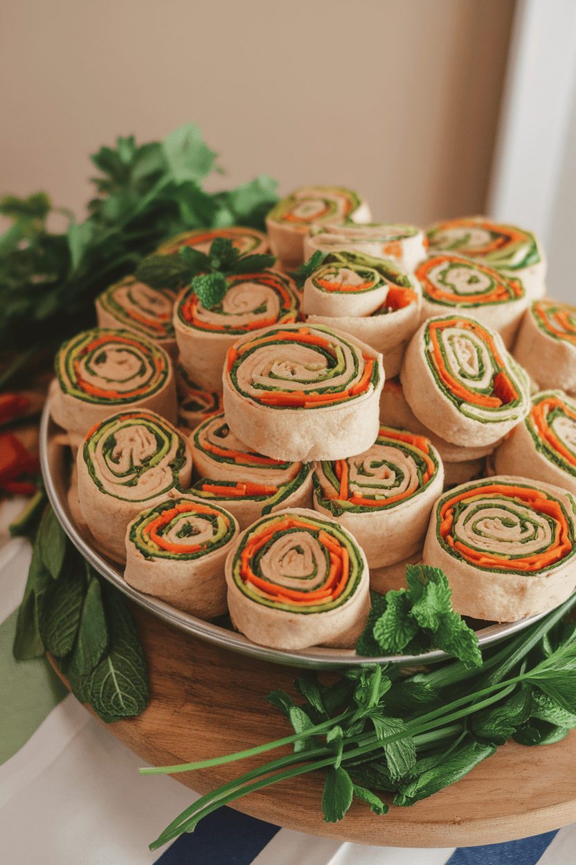 Indoor platter of colorful tortilla pinwheels showing layers of hummus, shredded carrots, spinach, and bell peppers. No text or logos.