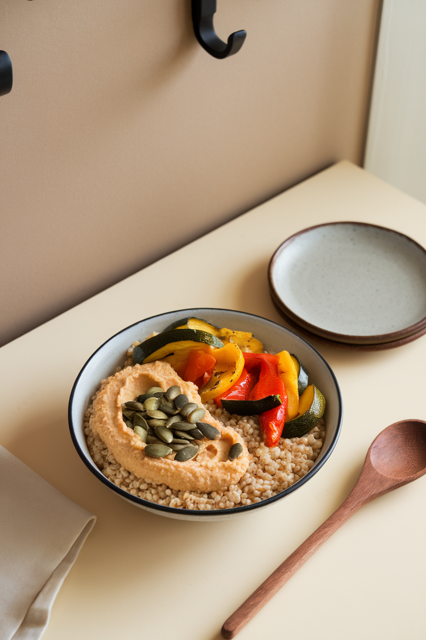 Indoor table photo showing a bowl of fluffy millet, roasted zucchini and bell peppers, dollops of hummus, and a sprinkle of pumpkin seeds. No logos or text present.