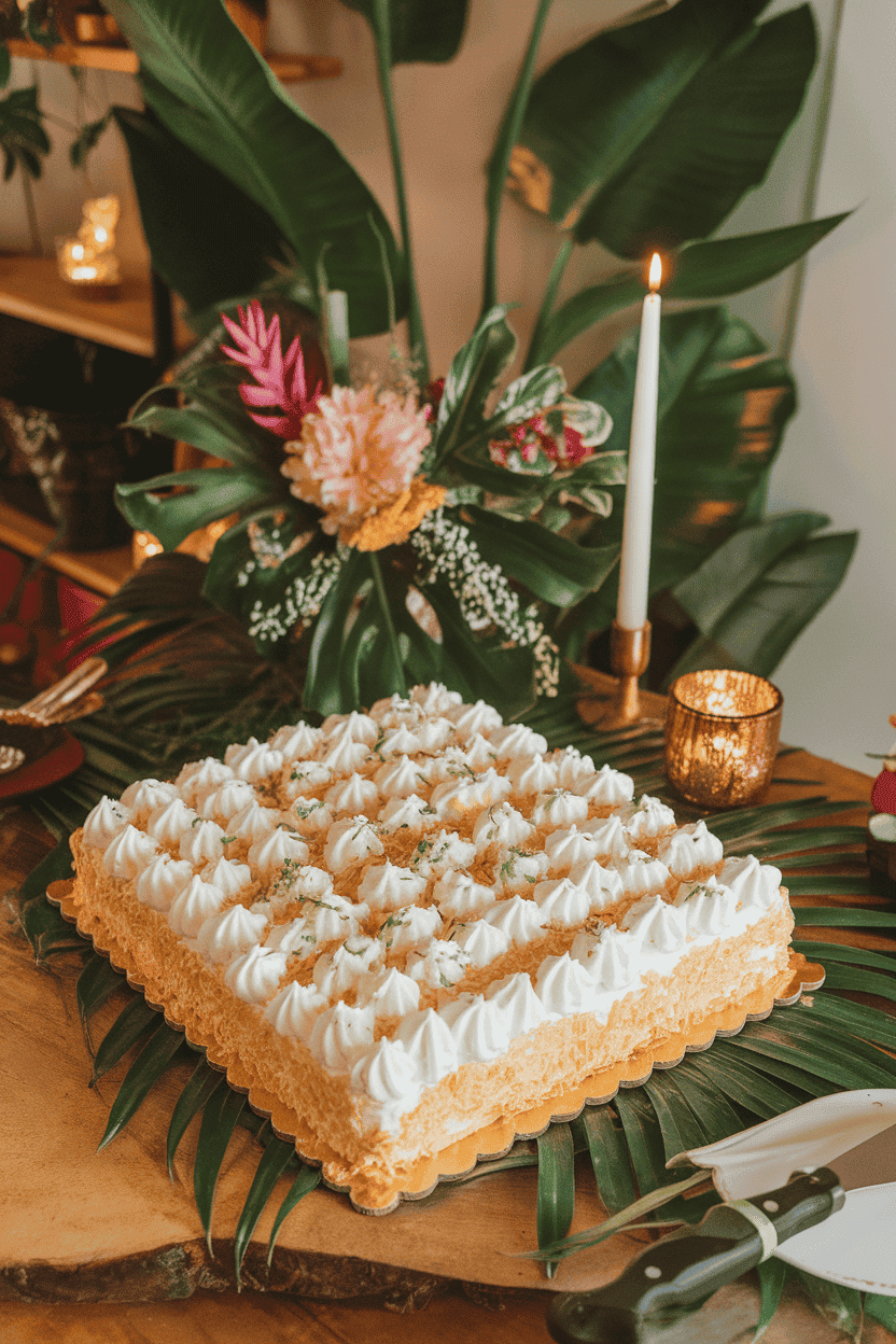Indoor tropical-themed table displaying a sheet cake topped with whipped cream and shredded coconut, visible lime zest sprinkled over. No text or logos. Photo only.