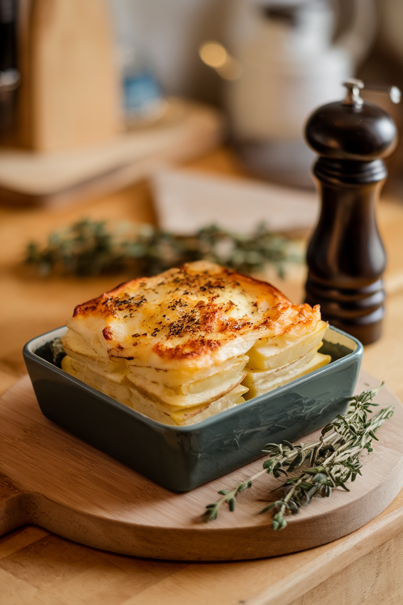 Warm indoor dining surface with a square baking dish of scalloped potatoes layered in creamy sauce, Gruyère browned on top. Photo, no text or logos.