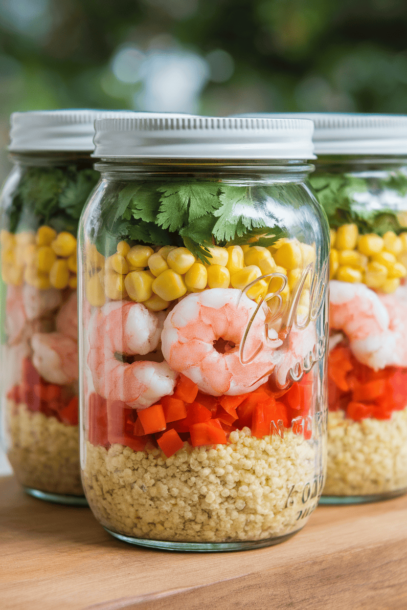 Mason jars indoors layered with couscous, cilantro lime shrimp, corn kernels, and diced red bell pepper. No logos or text, photo only.