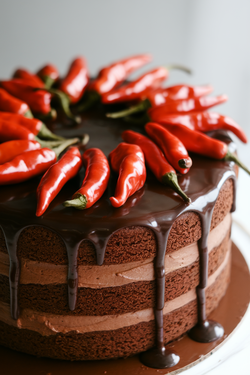 Indoor photo of a chocolate layer cake with red chili peppers arranged artfully on top of glossy ganache. No text or logos.