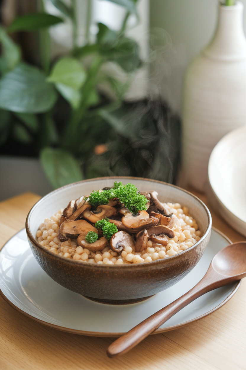 An indoor dinner table featuring a bowl of pearl barley topped with sautéed mixed mushrooms and parsley; steam visible, no text or logos.