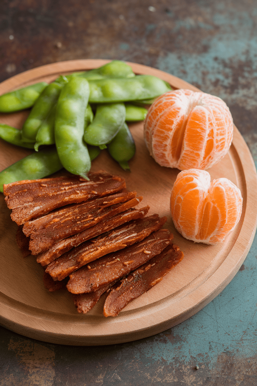 Indoor image of sliced teriyaki turkey jerky, fresh snap peas, and a peeled clementine arranged neatly; no text or logos.