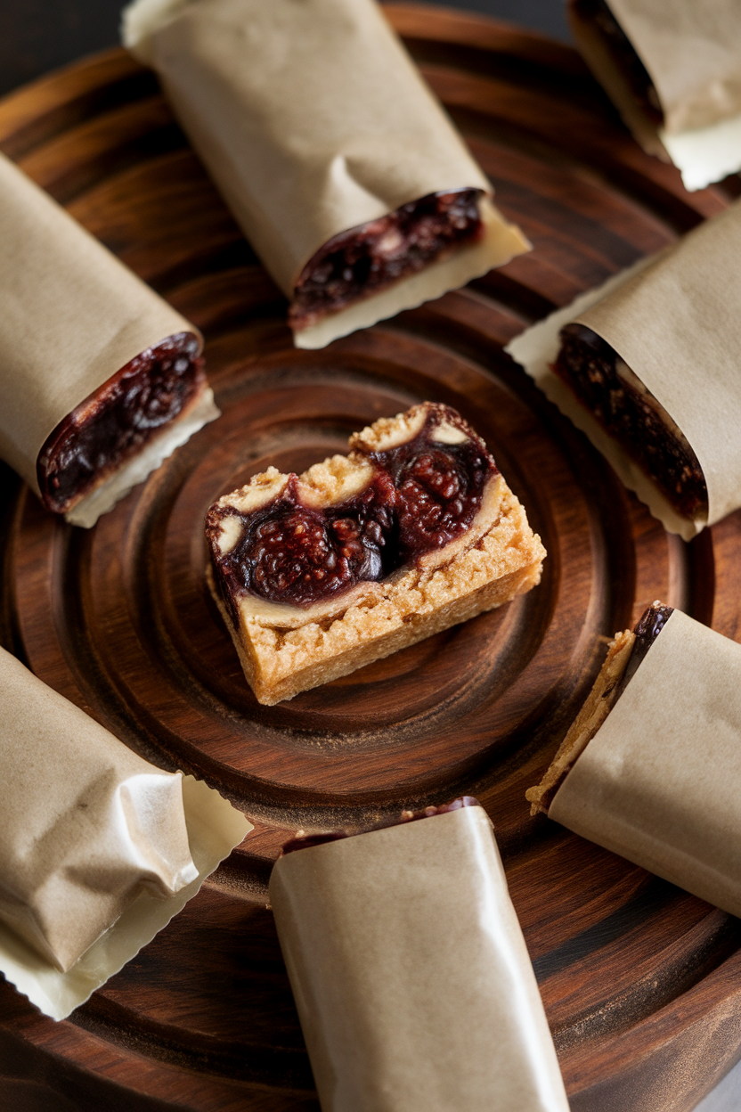 Indoor shot of a split mini fig bar revealing its dark fruit filling, surrounded by several wrapped bars on a wooden board. No logos or text.