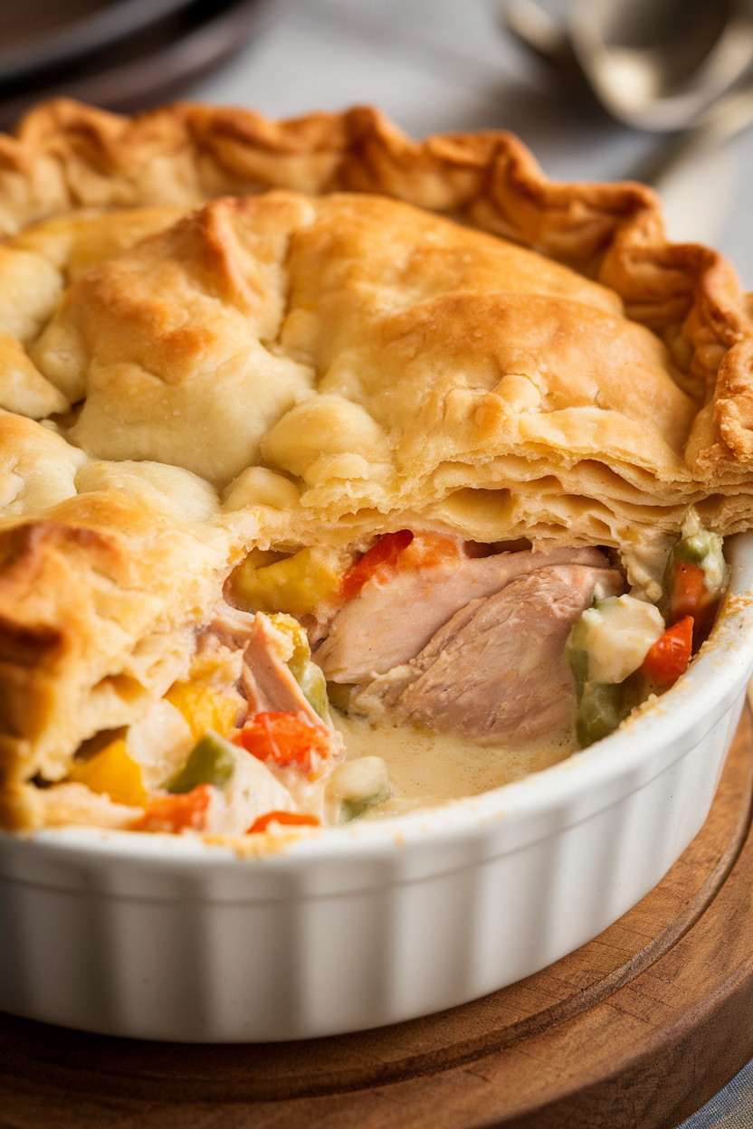 Close-up of a golden chicken pot pie in a white ceramic dish with flaky crust broken open to reveal creamy filling, shot indoors. No text or logos. Photo.