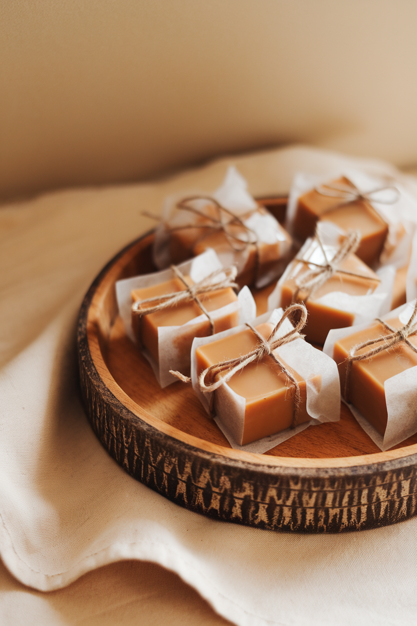 Indoor photo of individually wrapped apple cider caramel squares on a wooden tray. No text or logos.