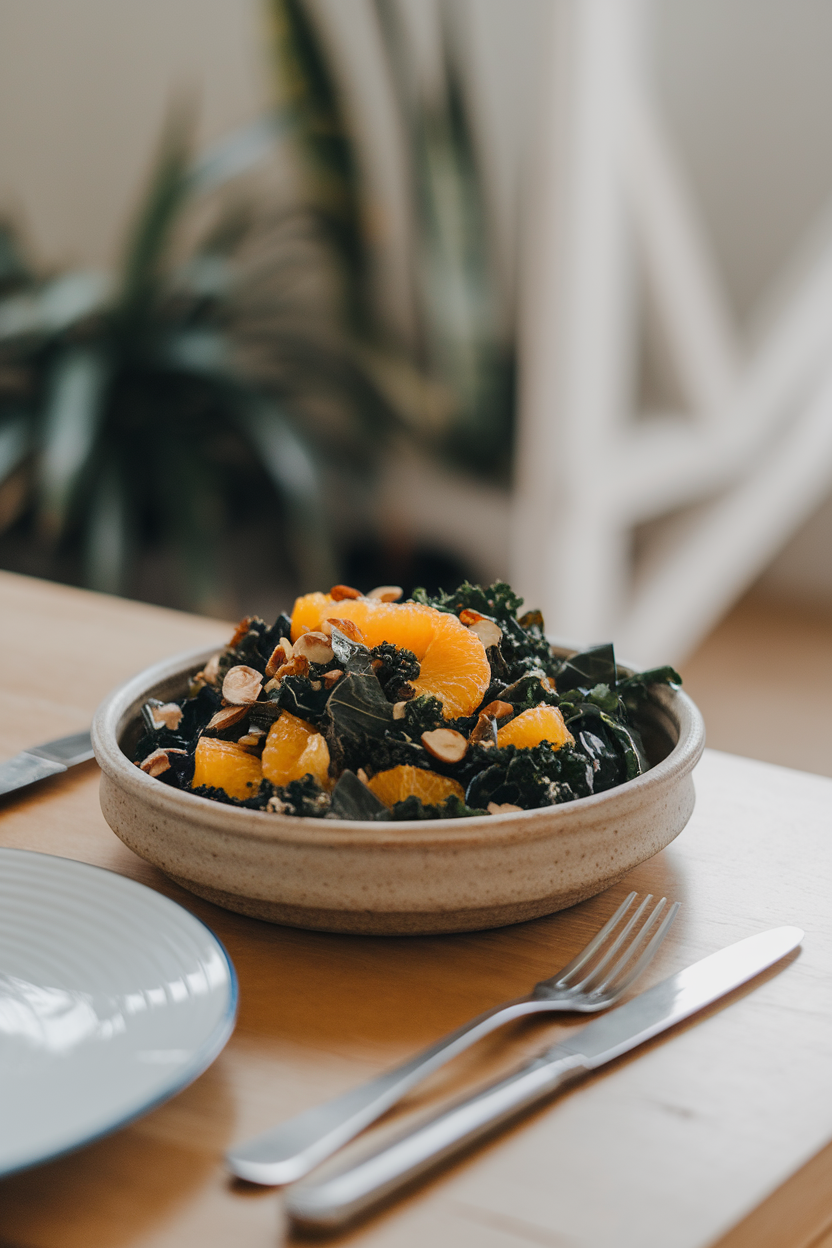 An indoor dining tabletop showing a salad of dark green kale ribbons, orange segments, and toasted almonds in a ceramic bowl; bright but soft overhead light, no text or logos.