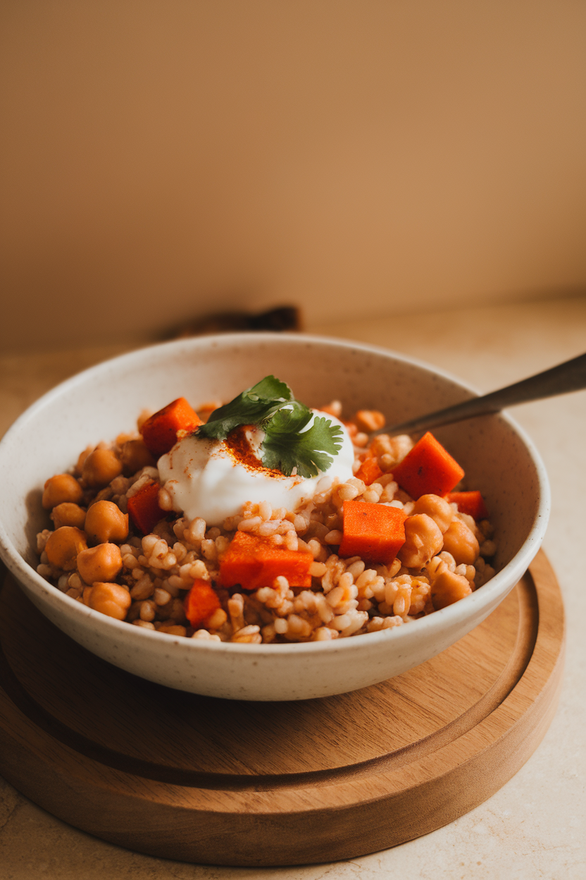 Warm indoor image of barley with roasted carrots, chickpeas, and a spoonful of harissa yogurt, garnished with cilantro. No text or logos.