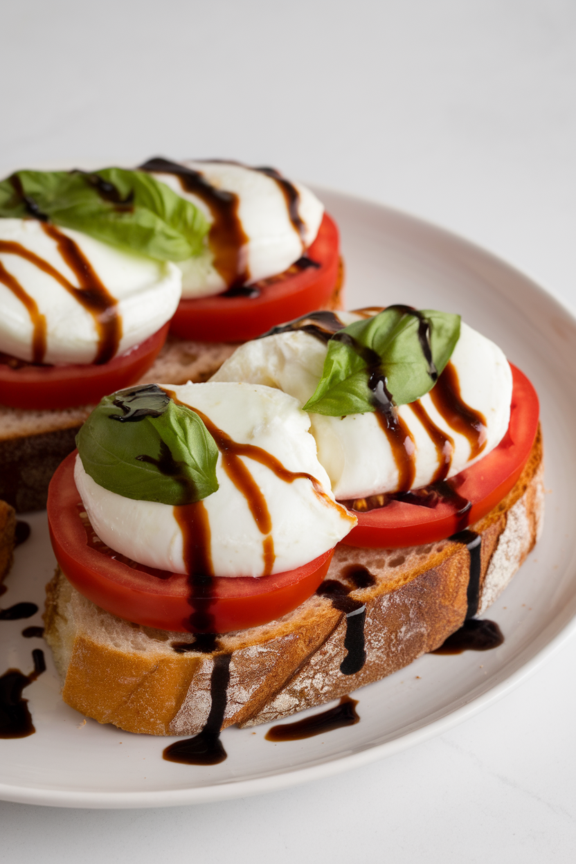 An indoor plate carrying toasted sourdough topped with tomato slices, fresh mozzarella, basil leaves, and a poached egg, drizzled lightly with balsamic reduction. No text or logos.