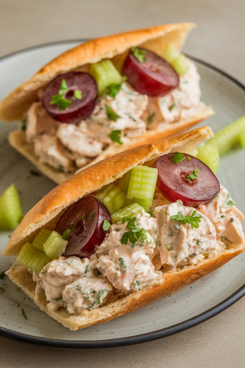 Photo of two mini pita pockets on an indoor plate, bursting with creamy chicken salad, celery bits, and grape halves, sprinkled with parsley. No text or logos.
