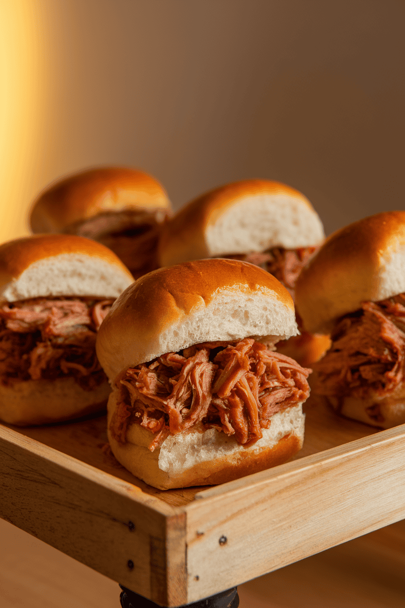 Photo of mini brioche buns stuffed with saucy pulled pork, set neatly on a wooden tray indoors under warm light. No visible text or logos.