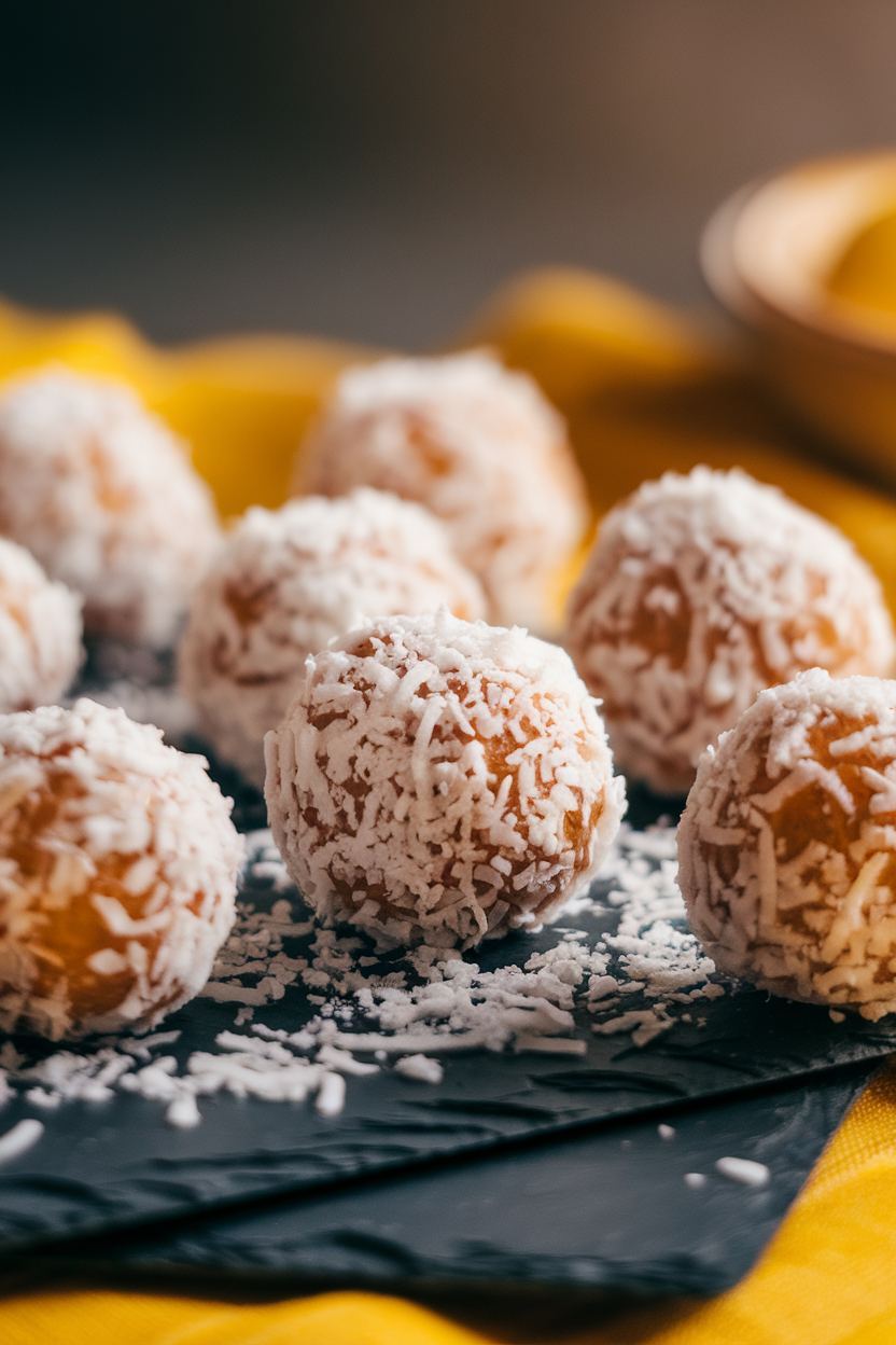 Indoor close-up of powdered sugar–free lemon date coconut balls coated in shredded coconut, arranged on a slate board. No logos or text.