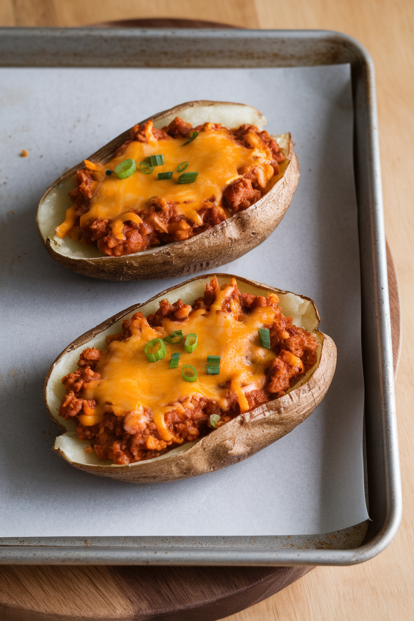 Indoor baking sheet holding two potato skins filled with turkey chili and melted cheddar, garnished with green onions. No text or logos.