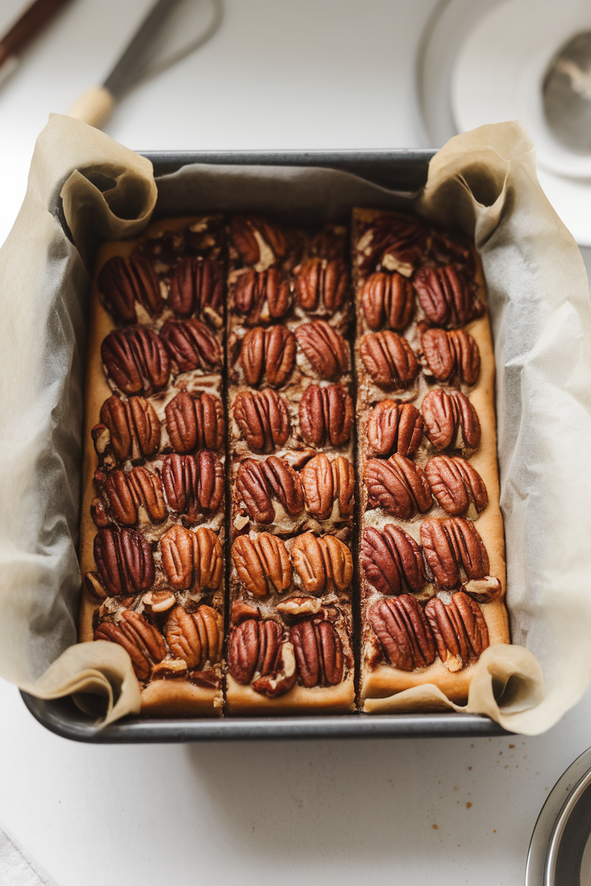 Indoor photo of a parchment-lined baking dish holding neatly cut pecan pie bars, glossy pecans atop a buttery shortbread base. No text or logos.