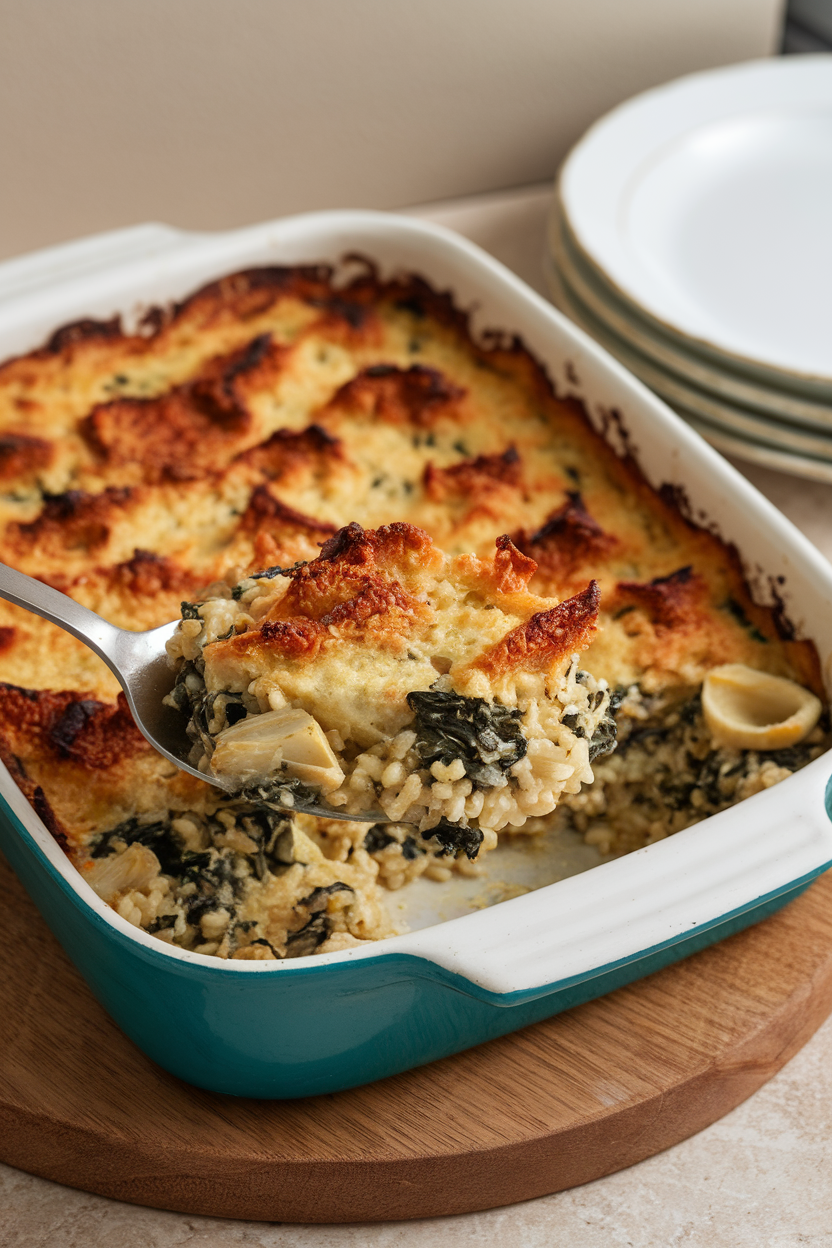 An indoor casserole dish of browned spinach and artichoke rice bake, a serving spoon revealing creamy interior. No visible branding; photography only.