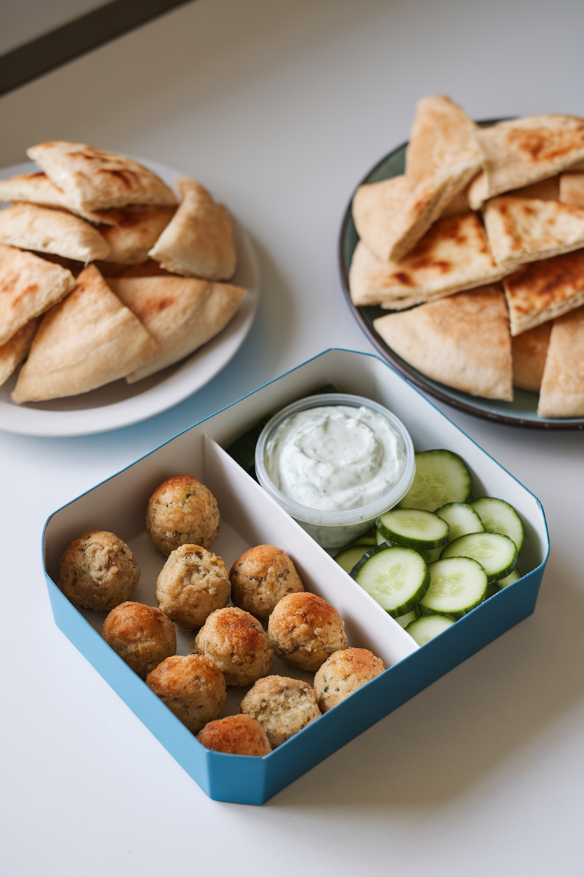 Photo of a divided container indoors with small baked Greek meatballs, tzatziki, cucumber slices, and pita wedges. No text or logos.