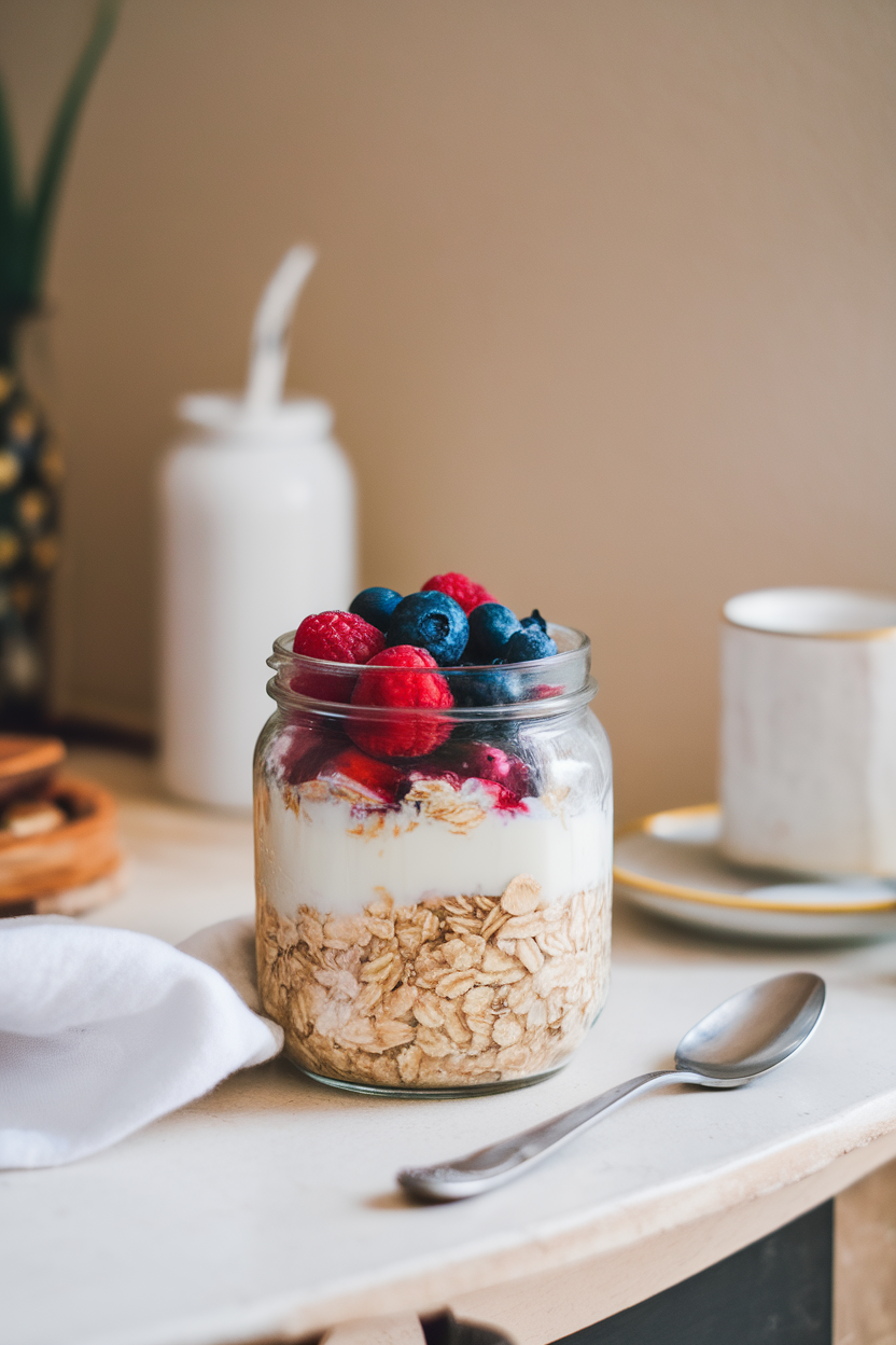 Photo of a glass jar filled with layered oats, almond milk, and colorful berries on an indoor breakfast table; a spoon rests beside the jar. No text or logos present.