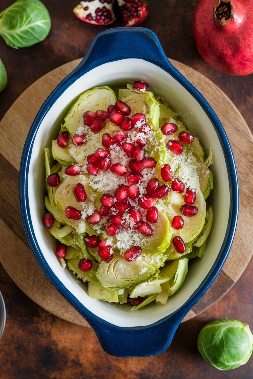 Indoor photo of thinly shaved Brussels sprouts tossed with ruby pomegranate arils and grated Parmesan in a ceramic serving dish; overhead angle, no text or logos.