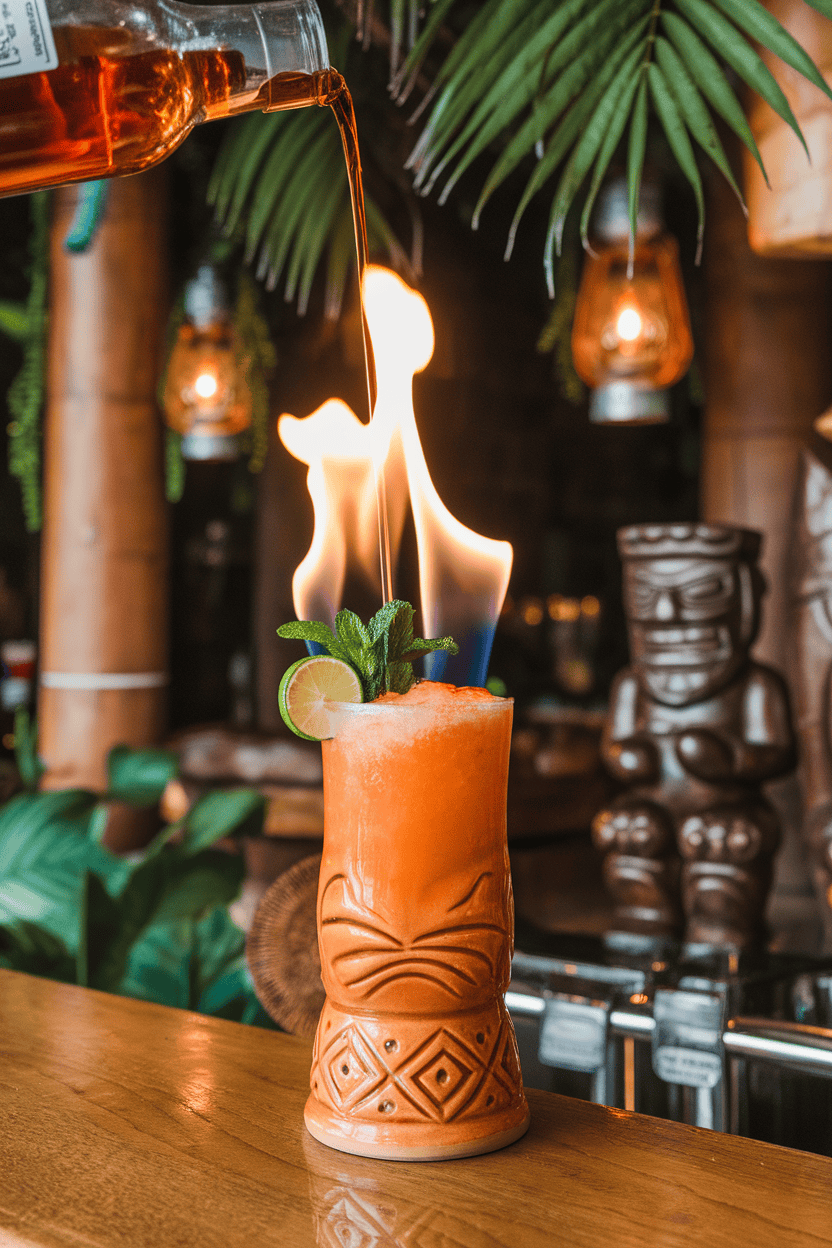Indoor tiki bar with a tall ceramic tiki mug of orange-red cocktail, mint sprig and spent lime shell filled with flaming overproof rum; photo, no logos.