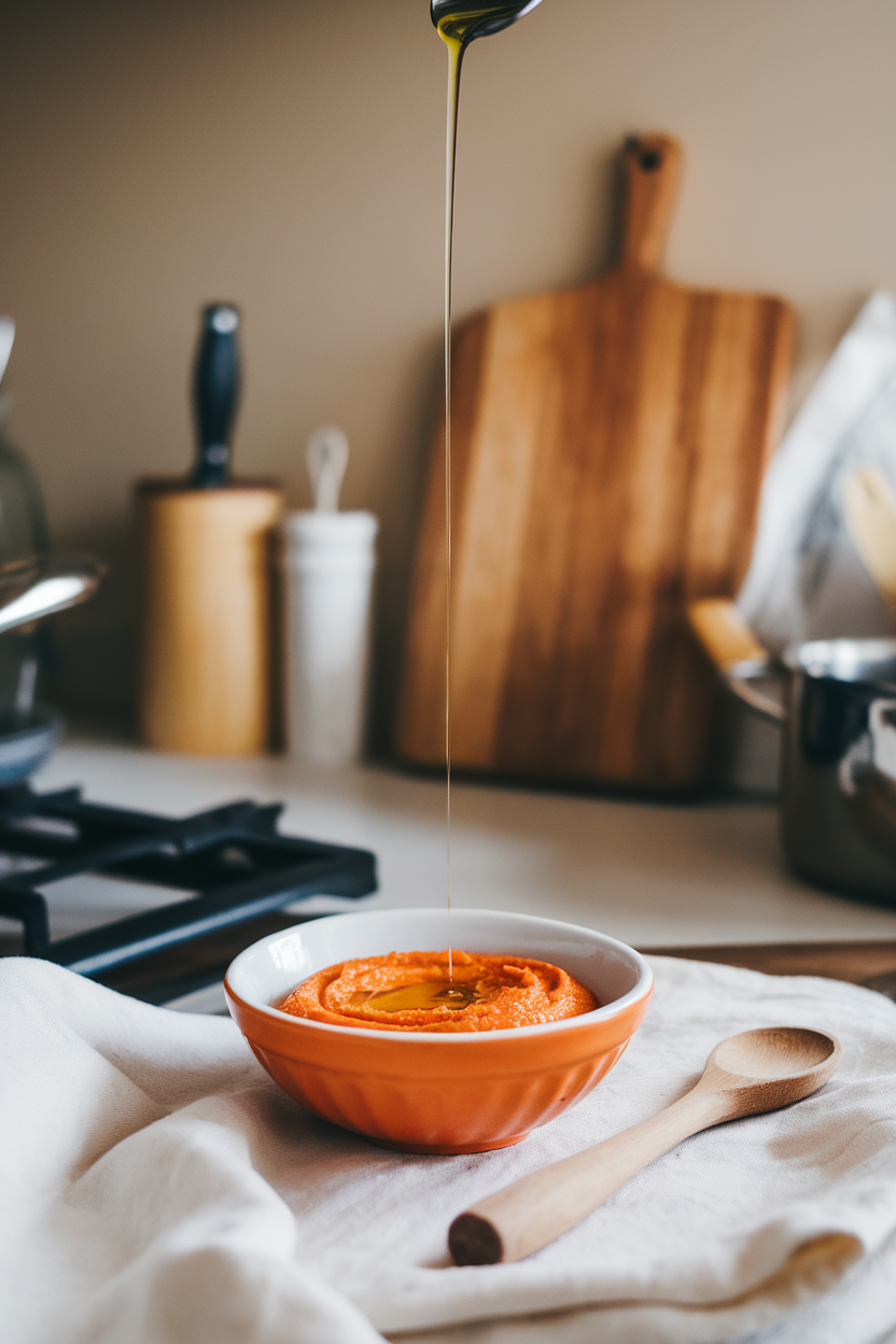A cozy indoor kitchen scene with a small orange bowl of roasted carrot dip drizzled with olive oil. Photo, no text or logos.