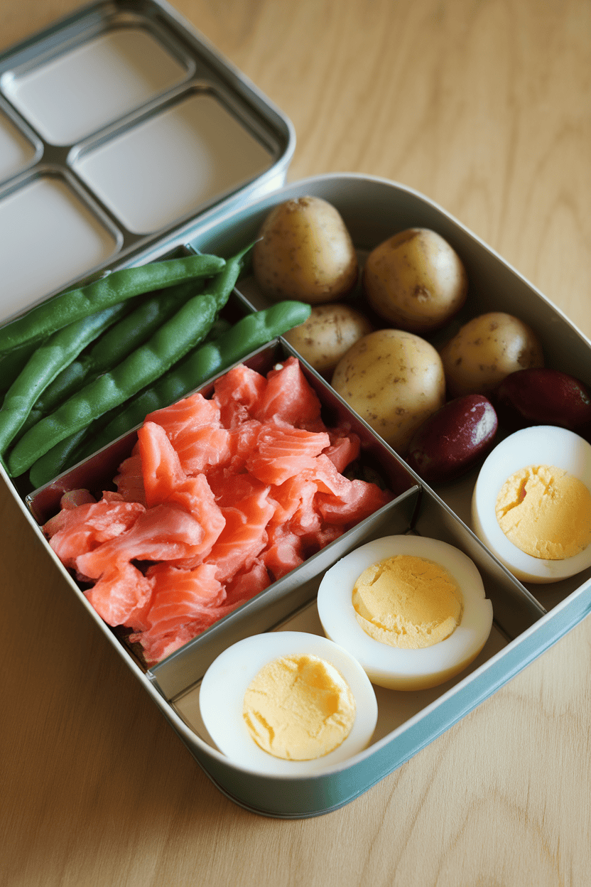 Indoor bento box featuring flaked cooked salmon, green beans, baby potatoes, olives, and hard-boiled egg halves. No text or logos present.