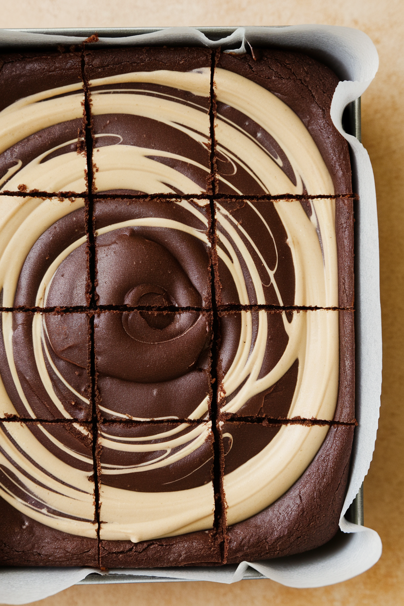 An indoor brownie tin featuring contrasting beige tahini swirls across a dark chocolate surface, knife marks showing clean cuts. No text or logos.