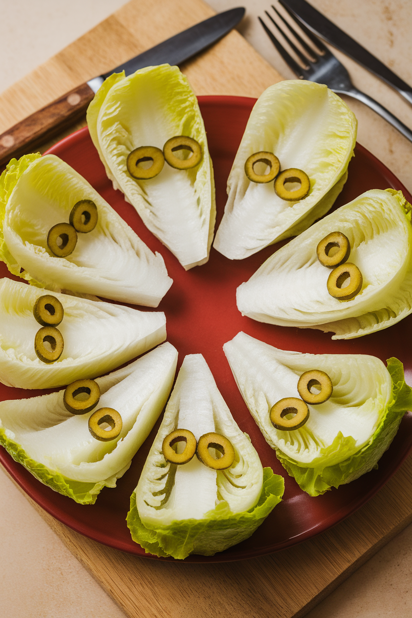 Indoor photo of iceberg lettuce wedges arranged in a circle, each wedge carved slightly so the core looks like an open mouth, dotted with olive slice eyes. No text or logos.