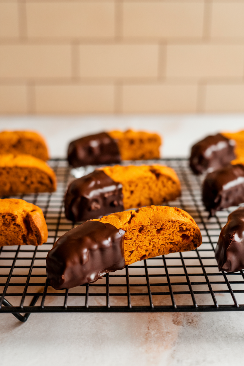 Photo of pumpkin biscotti ends dipped in dark chocolate, on indoor cooling rack, no logos or text.