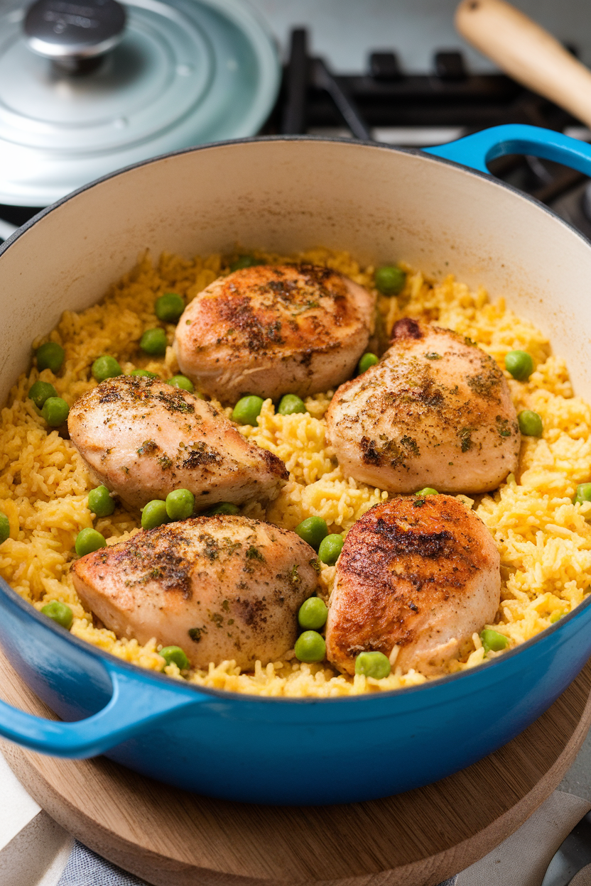 Indoor photo of a Dutch oven brimming with garlic chicken and fluffy yellow rice, garnished with peas; stove light, no text or logos