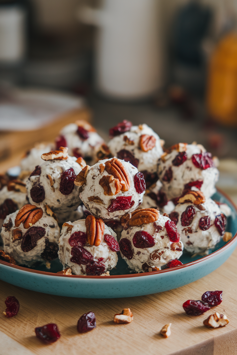 An indoor plate of bite-size goat cheese balls rolled in dried cranberries and chopped pecans, arranged neatly. No text or logos. Photo only.