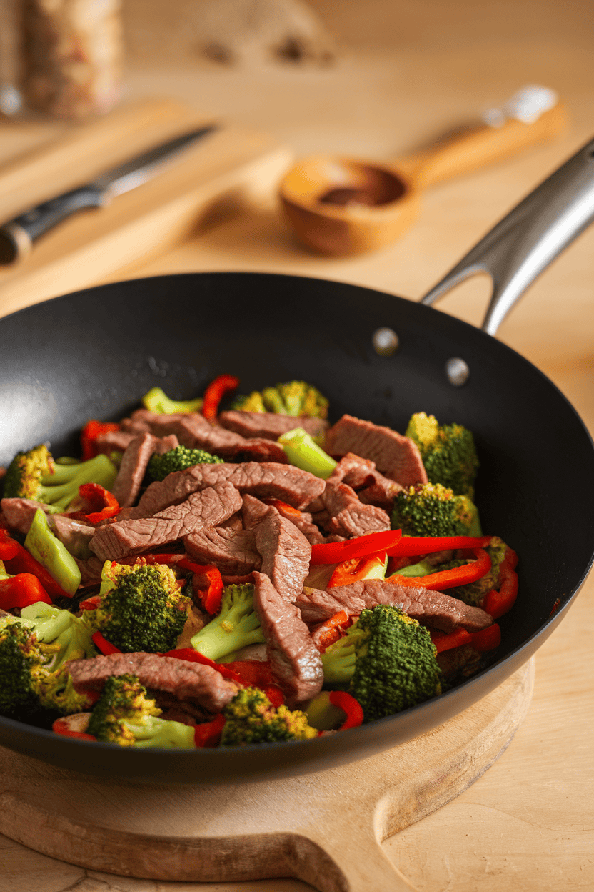 Indoor wok filled with colorful stir-fry of beef strips, broccoli florets, and red pepper, steam rising, no logos