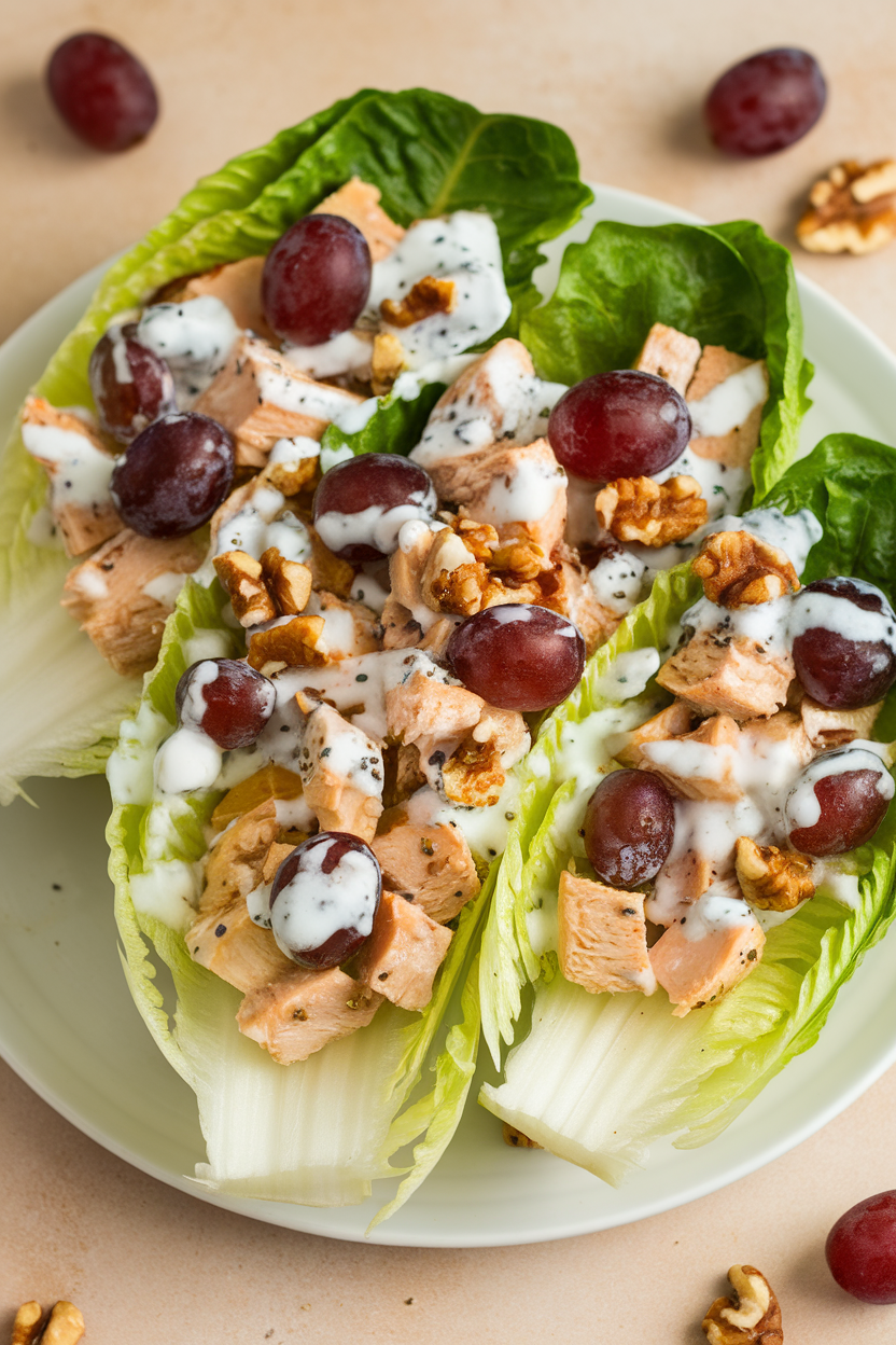 An indoor photo of romaine leaves filled with diced chicken, Greek yogurt dressing, grapes, and chopped walnuts, no text or logos.