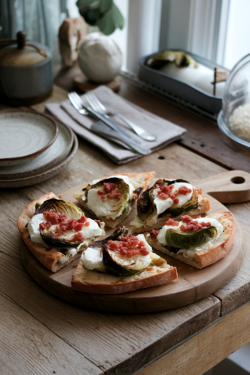 Cozy indoor dining scene with a wooden board holding sliced flatbread topped with roasted Brussels sprout leaves, crumbled bacon, and melted mozzarella. No text or logos. Photo only.