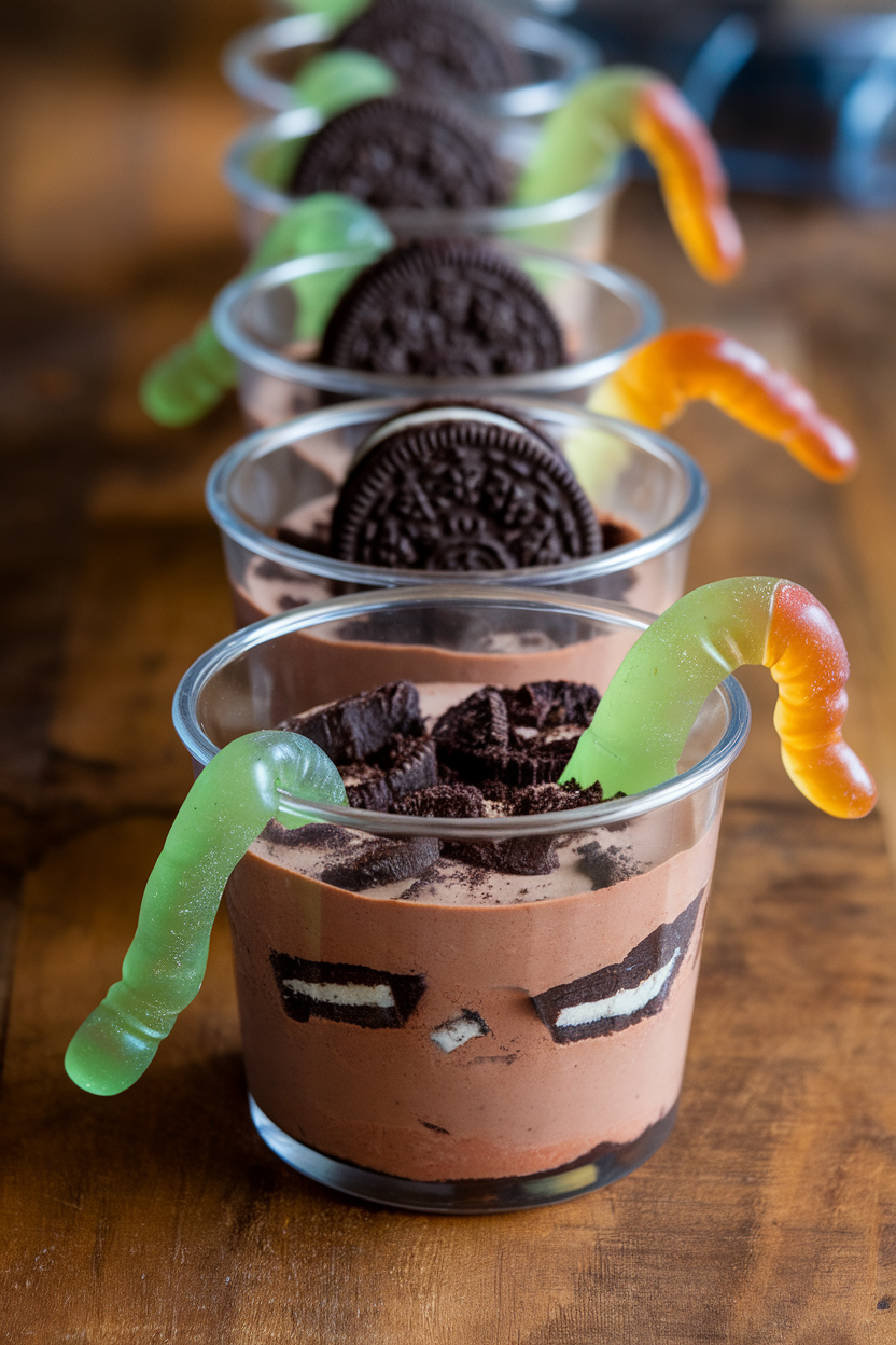 Indoor row of clear cups layered with chocolate pudding and crushed Oreos, gummy worms crawling out. No text or logos.