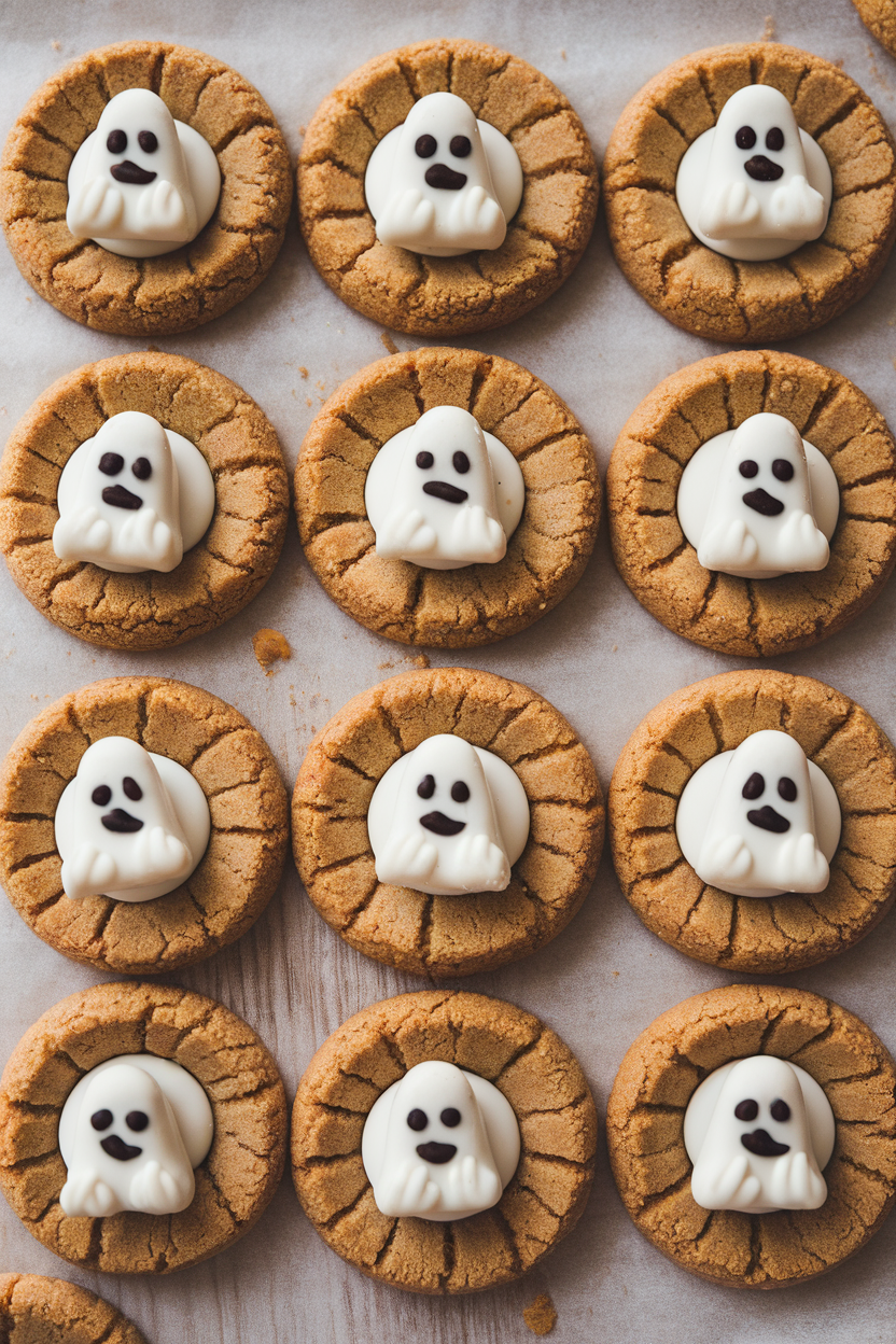 An indoor cookie sheet with classic peanut butter cookies topped by white chocolate kisses featuring tiny ghost faces. Photo only, no text or logos.