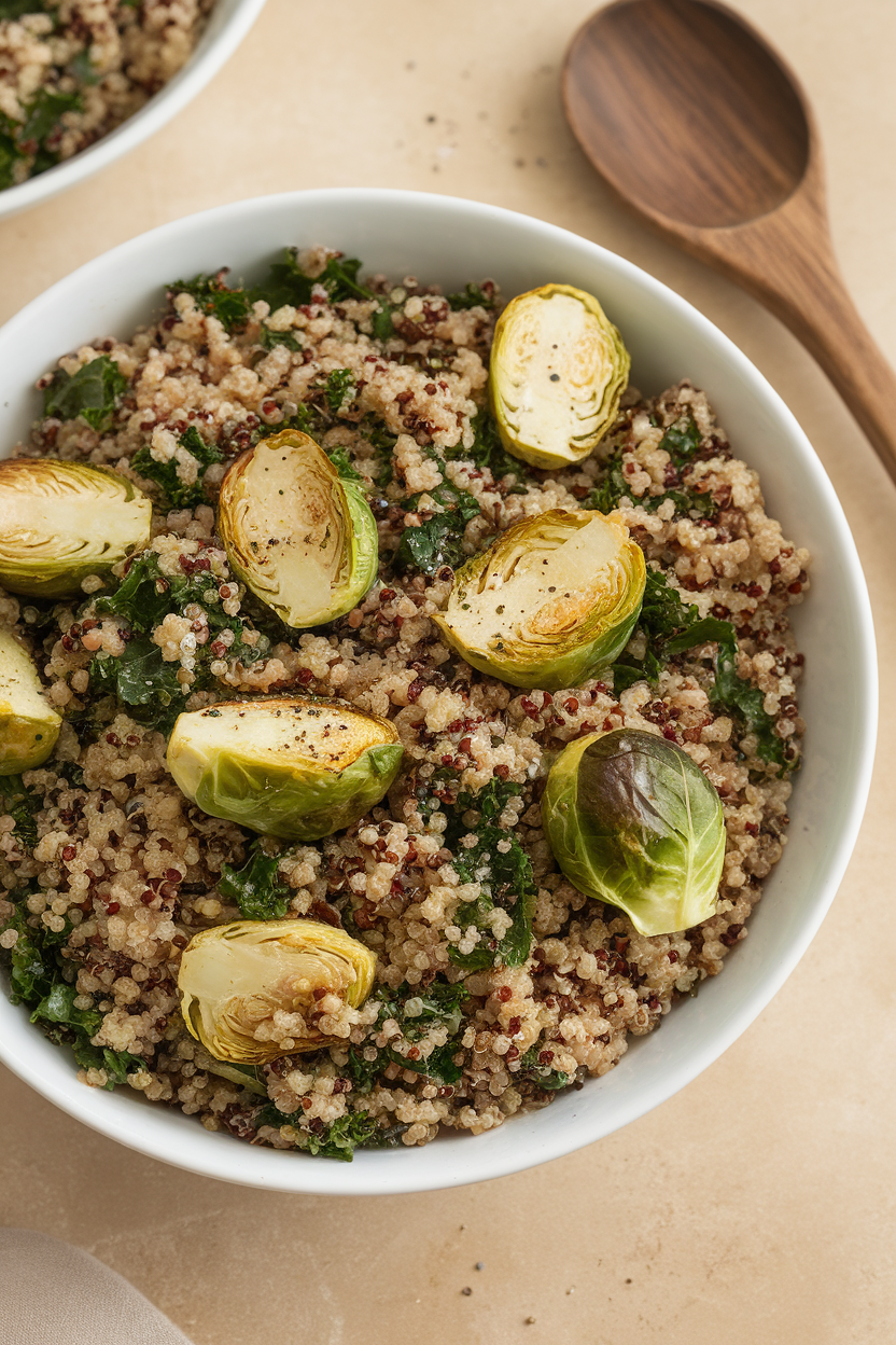 Indoor photo of tri-color quinoa mixed with chopped kale and roasted Brussels sprout halves in a serving bowl; no text or logos.