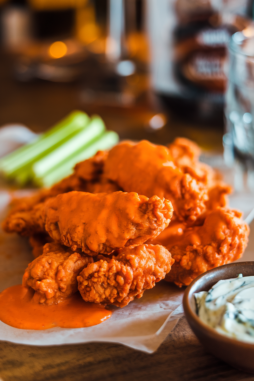 Indoor bar-style tabletop with fried chicken breast strips tossed in bright orange buffalo sauce, celery sticks and blue cheese dip nearby, photo only, no text or logos