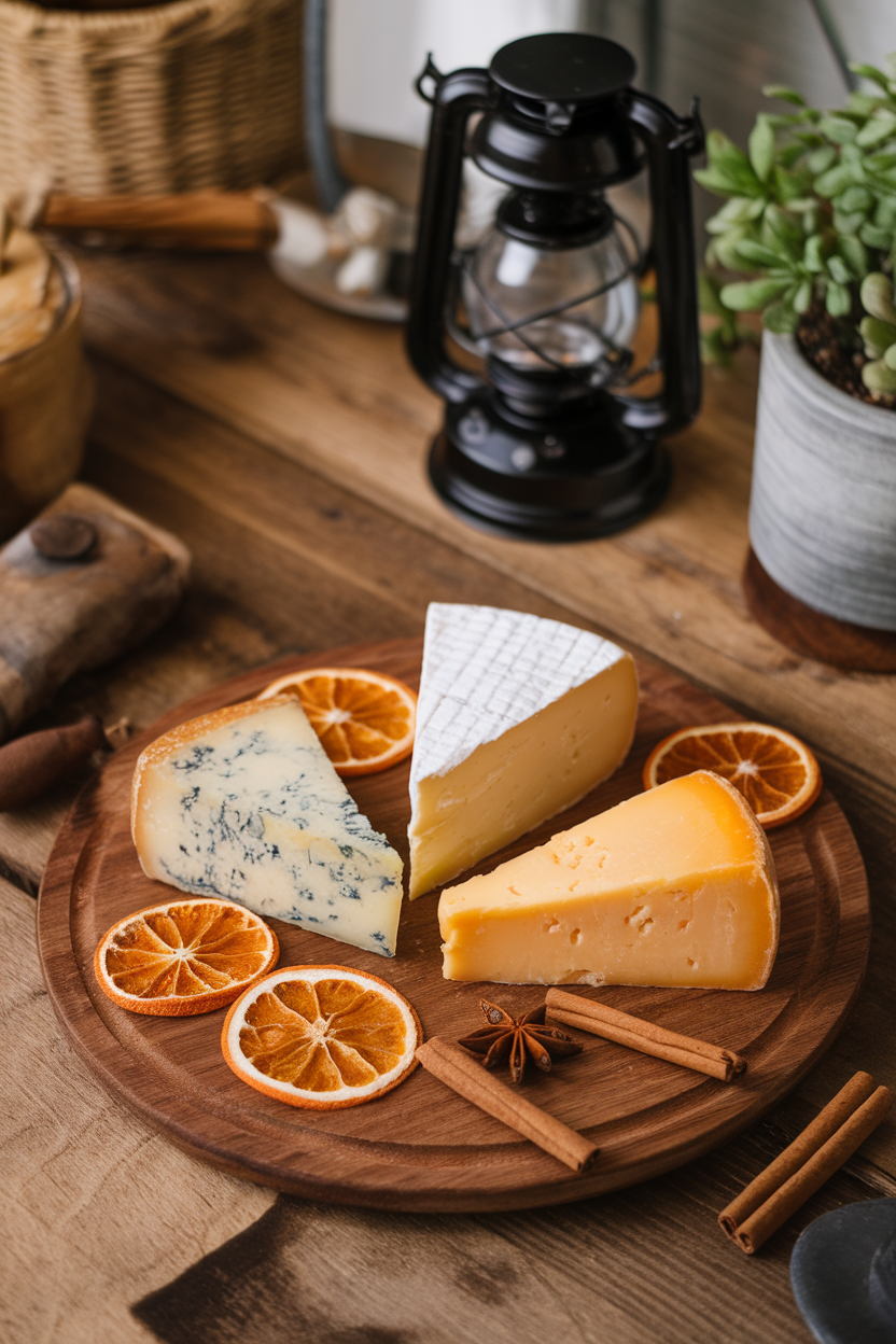 Indoor wooden table showing a board with three cheese wedges (blue, manchego, aged cheddar), dried orange slices, cinnamon sticks, and star anise accents. No text or logos. Photo only.