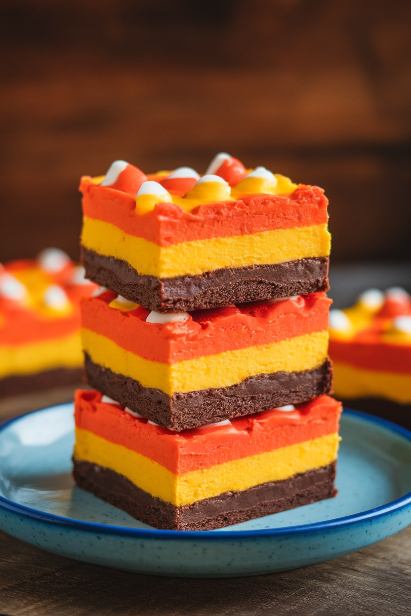 Indoor image of tri-colored candy-corn inspired brownie bars—orange, yellow, and chocolate layers—stacked neatly on a dessert plate; cozy lighting, no text or logos