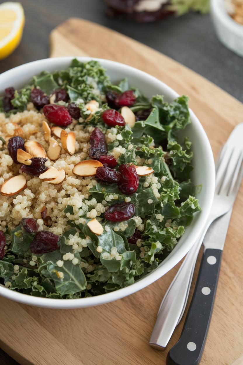 An indoor salad bowl of chopped kale massaged with lemon vinaigrette, tossed with quinoa, cranberries, and toasted almonds. No text or logos; photo only.