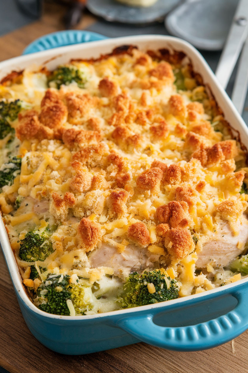 Indoor baking dish bubbling with creamy chicken and broccoli casserole, golden breadcrumb topping. No text or logos. Photo.