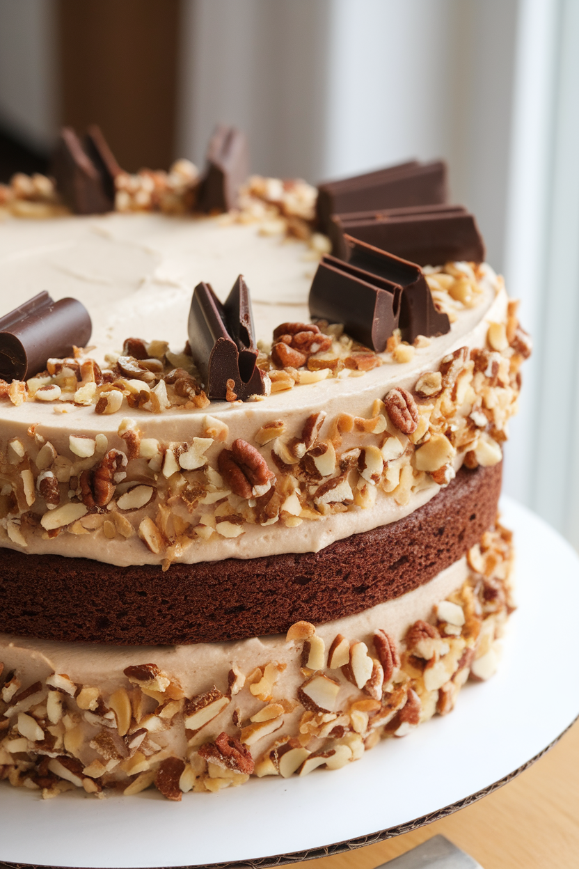 A classic German chocolate cake indoors, coconut-pecan frosting between layers and on top, chocolate curls sprinkled around. Photo only, no text or logos.